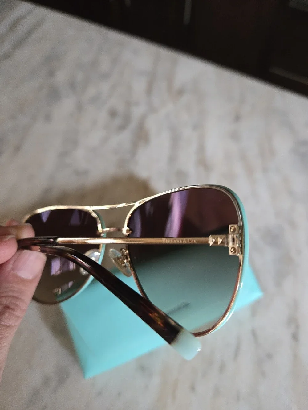 Tiffany & Co. Gold & Blue Aviator Sunglasses with Brown Lenses TF3066